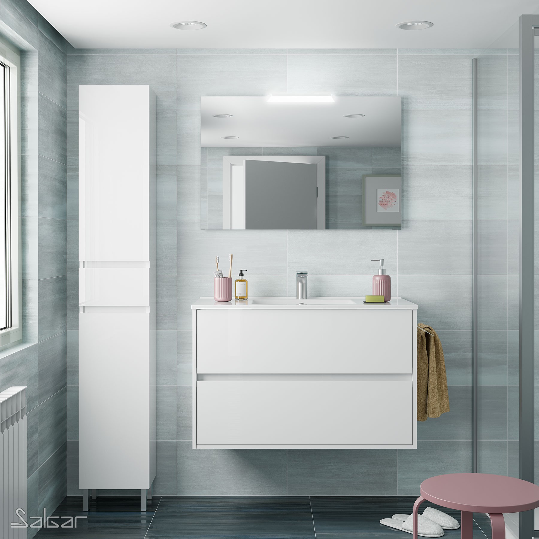 85299 SALGAR Комплект мебели для ванной NOJA 1000 2 ящика WHITE GLOSS LACQUERED IT + Раковина + Зеркало + Свет Глянцевый белый