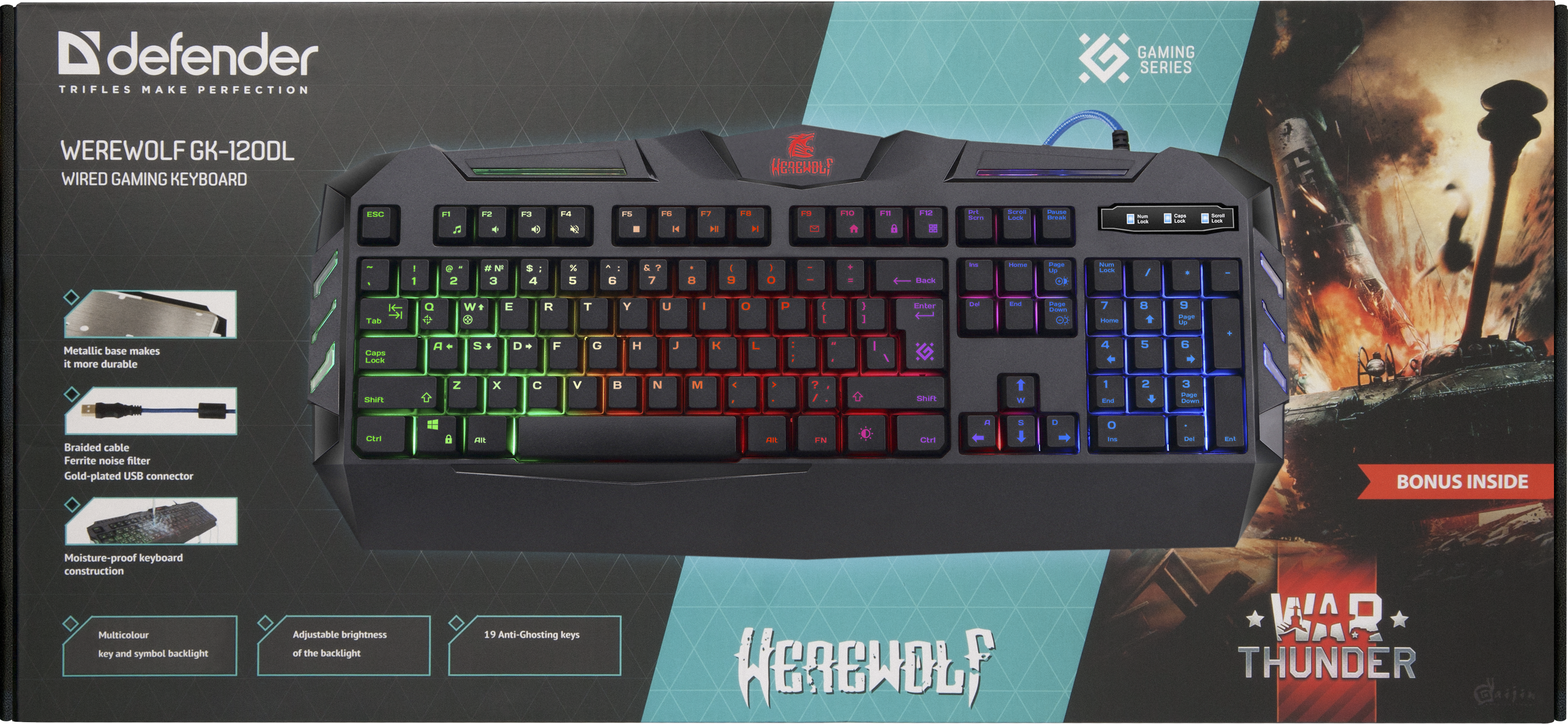 45120 проводная игровая клавиатура werewolf gk-120dl ru,rgb подсветка,19 anti-ghost Defender Santreyd  - Вид №1