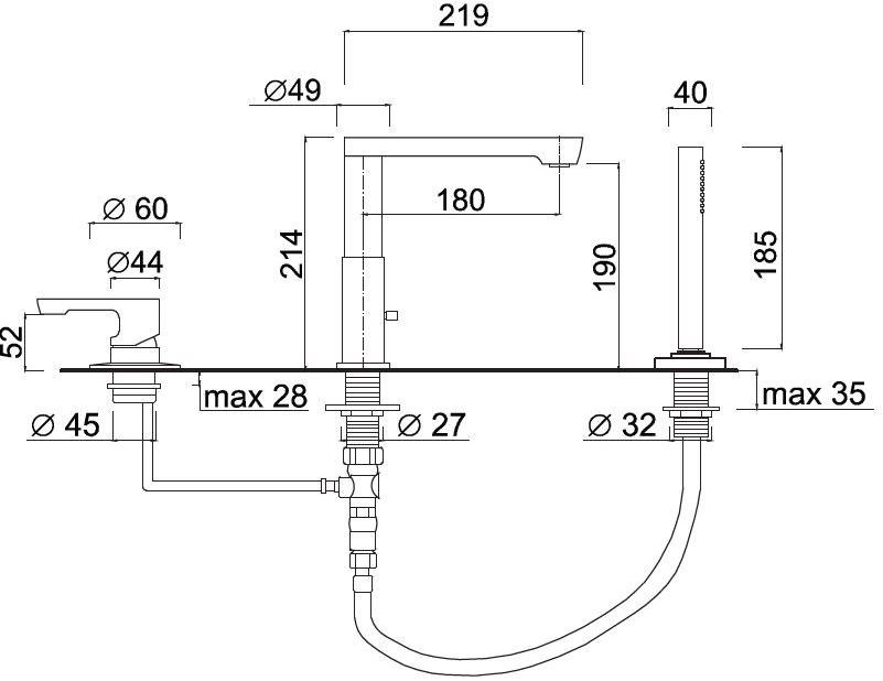 Rubinetteria Giulini Смеситель для ванны на 3 отверстия с ручным душем Ego F5765bd - Вид №1