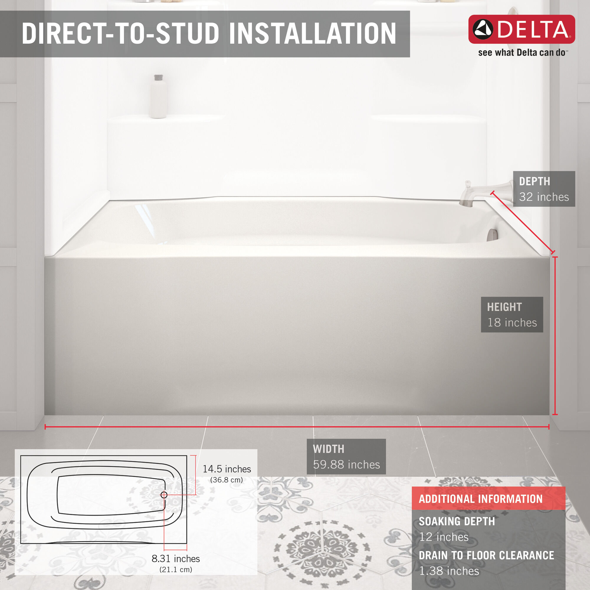 ProCrylic 60 дюймов x 32 дюйма Правая ванна Delta Faucet B10513-6032R-WH - Вид №4
