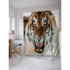 93781290 Штора для ванной JoyArty Агрессивный тигр из ткани, 180x200 см с крючками STLM-1401306