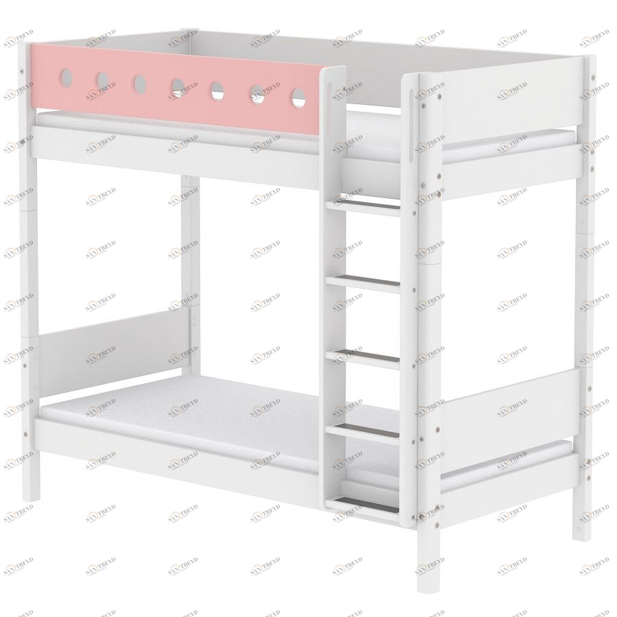 Кровать Flexa White двухъярусная с прямой лестницей, 200 см, белая с розовым 801741418