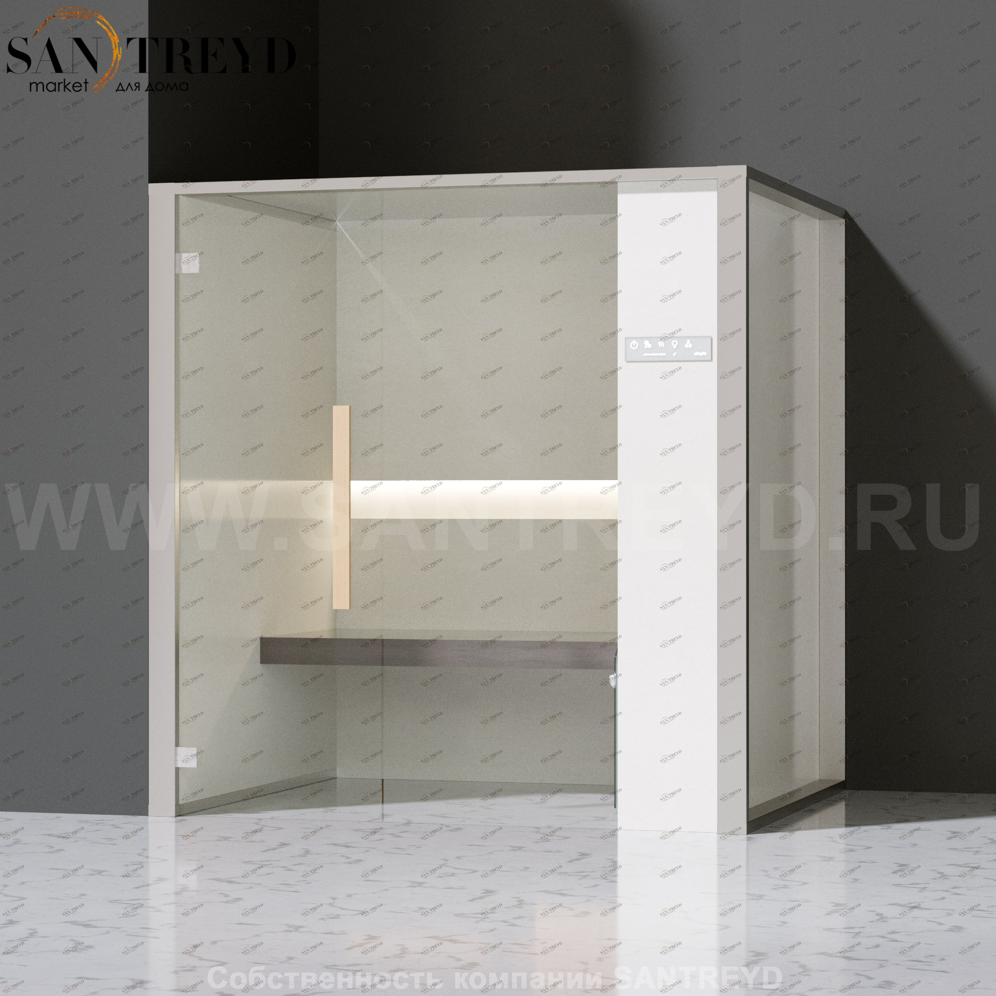 Effegibi ONEFILO H LO61020005 Хаммам. Установка: в левый угол. Правая дверь. Мощность: 4,5 кВт макс. Размеры: длина 214 см, ширина 171 см. Отделка: матовый лакированный белый аллюминий и серый ламинат из керамогранита.