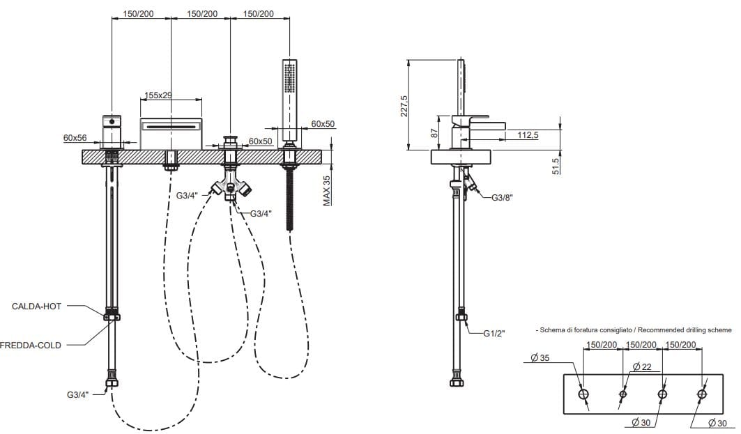 Смеситель для ванны с 4 отверстиями Rubinetterie Frattini Vita Due ARCH-00012885 - Вид №2