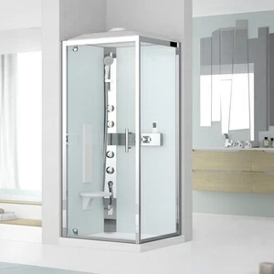 Novellini. Душевая кабина термостатическая 90x90 GF90 HYDROMASSAGE с низким душевым поддоном, серебристым профилем и крышей с парогенератором GLAX 3