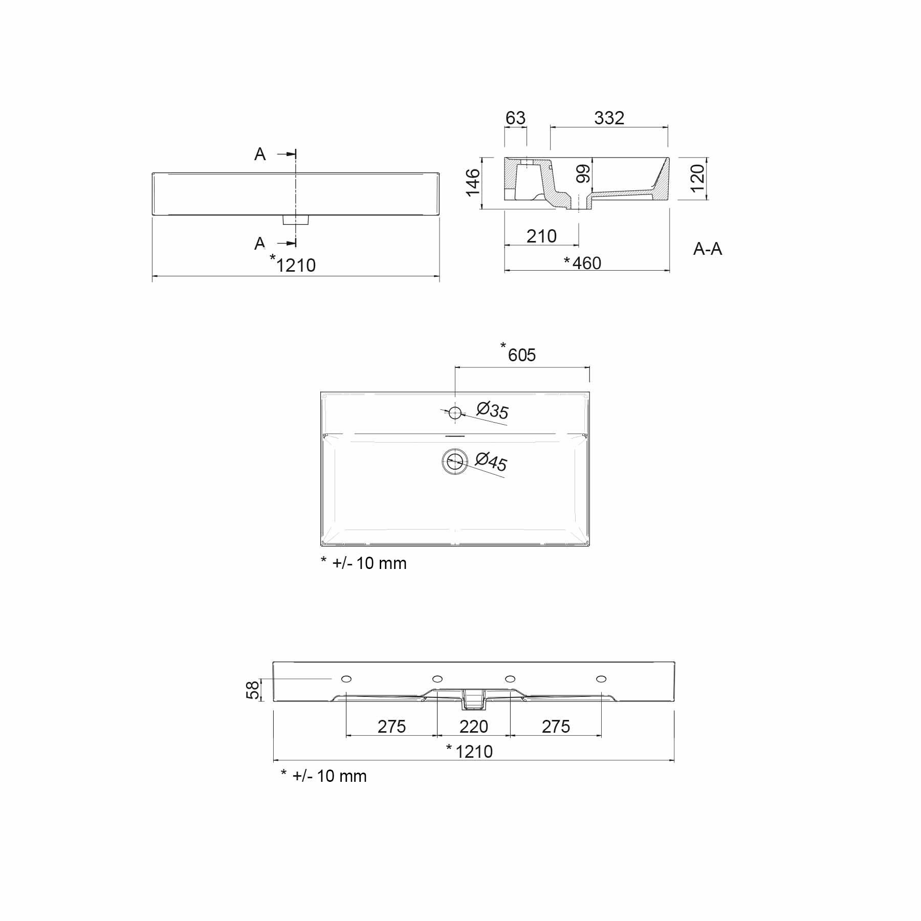 24177 SALGAR Раковина VENETO 1210 1 раковина БЕЛЫЙ ФАРФОР 1210 x 120 x 460 мм - Вид №4