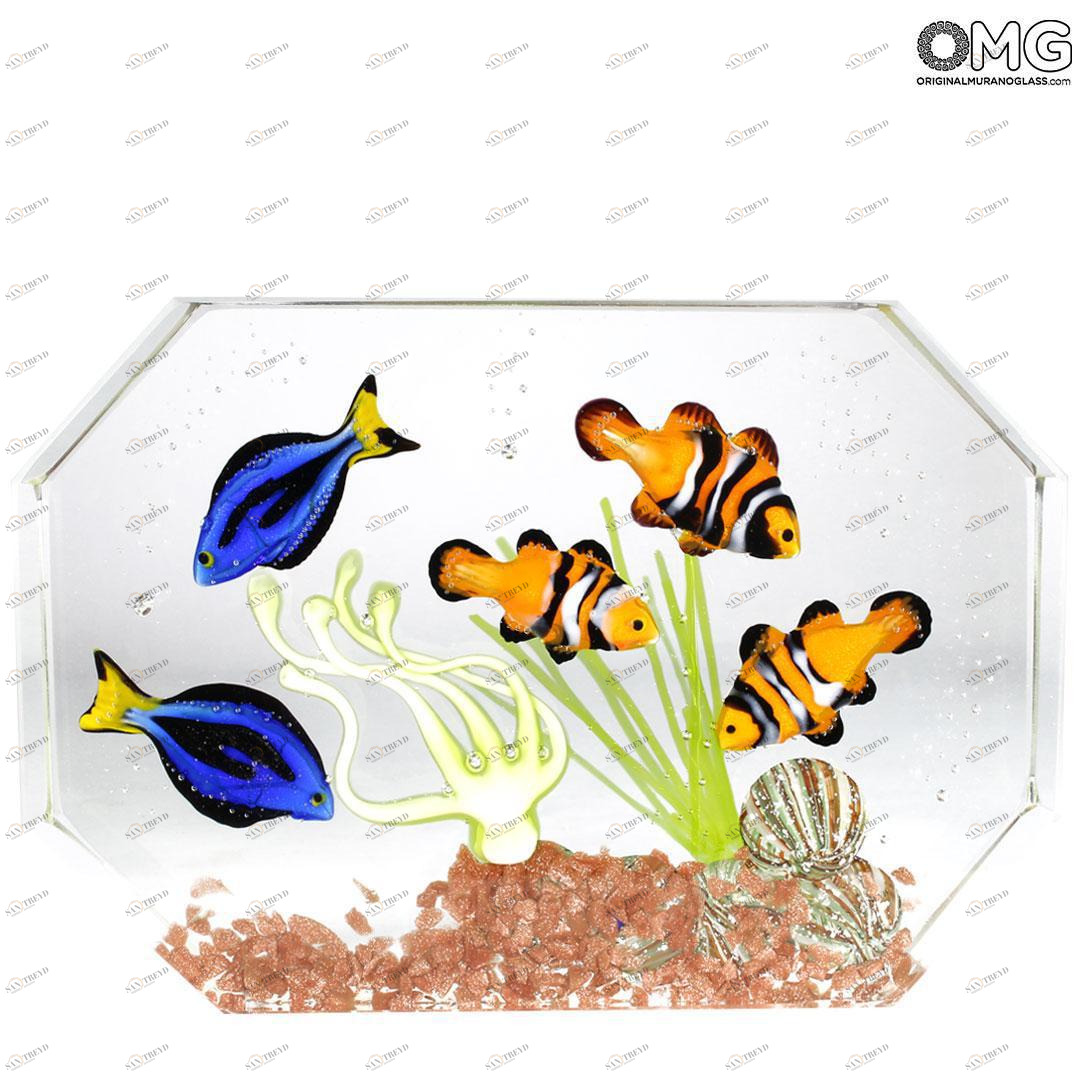 4787 ORIGINALMURANOGLASS Скульптура Аквариум с тропическими рыбками - муранское стекло OMG 20 см 