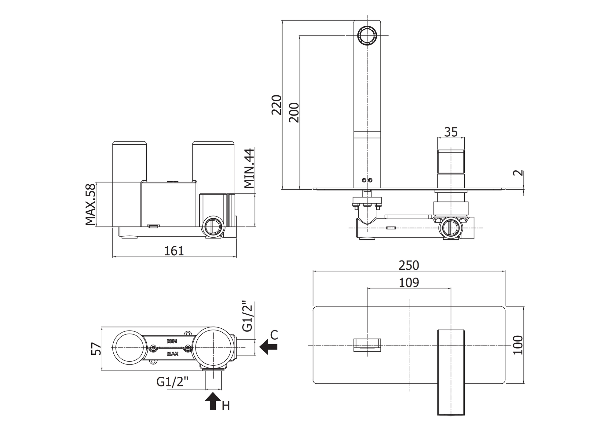 Смеситель для раковины встраиваемый однорычажный, излив 15 см CEZARES EFFECT-BLI2-15-01 - Вид №1