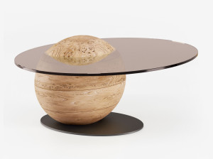 Низкий овальный журнальный столик из дерева и стекла