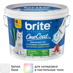 Краска для стен и потолков Brite One Coat база А 9 л