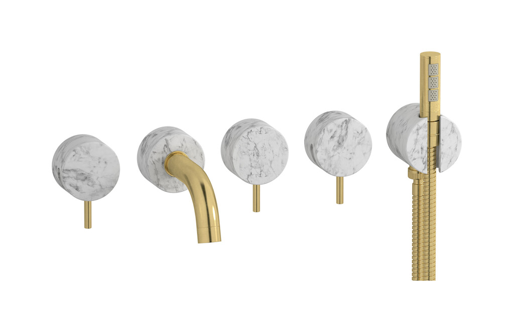 Настенный смеситель для ванной на 5 отверстий с дивертером и душевым гарнитуром. WE ARE IB mr398on_1 Natural Brass Marmo