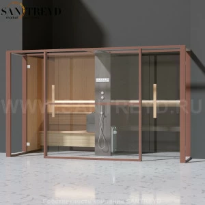 Effegibi LOGICAFILO LO11030007 Комбинированная баня: хаммам и сауна. Установка: в полунишу. Мощность: 10,5 кВт макс. Размеры: длина 373 см, ширина 250 см. Отделка: канадский хемлок, матовый лакированный коричневый аллюминий и темный ламинат из керамограни