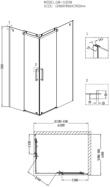 Душевое ограждение GROSSMAN GR-1120R Cosmo 120*90*190 прямоугольник, двери раздвижные - Вид №1