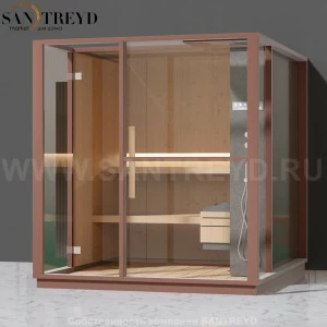 Effegibi LOGICA S LO20030001 Сауна. Установка: к стене. Правая дверь. Мощность: 6 кВт макс. Размеры: длина 214 см, ширина 250 см. Отделка: канадский хемлок, матовый лакированный коричневый аллюминий и темный ламинат из керамогранита.