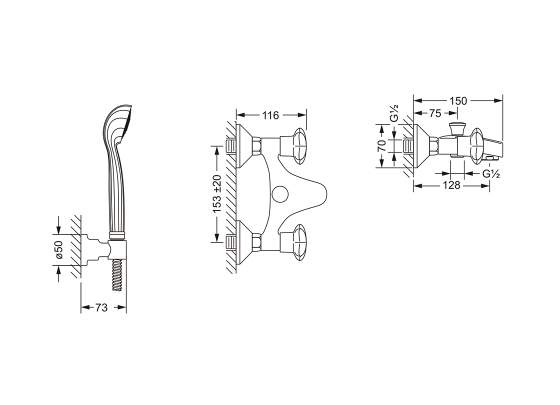 Смеситель для ванны с душевым гарнитуром ½“, настенный монтаж JOERGER Florale 600.20.100.000 - Вид №1