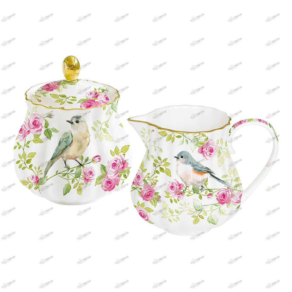 Молочник фарфоровый с сахарницей бело-розовый "Птицы в саду" EASY LIFE ПТИЦЫ В САДУ 00-3947010 Белый;розовый 