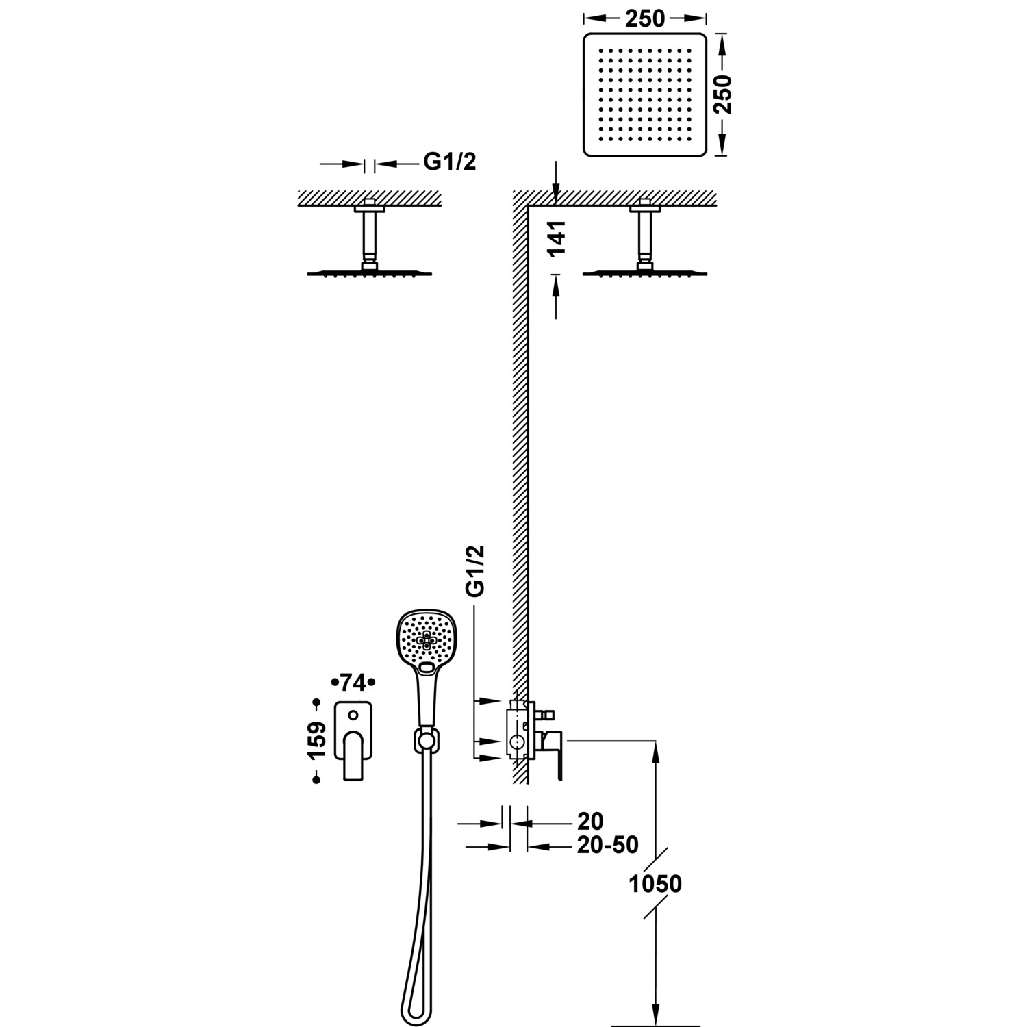 Комплект 2-ходового скрытого смесителя для душа с одной ручкой на чердаке-20018009 TRES  - Вид №1