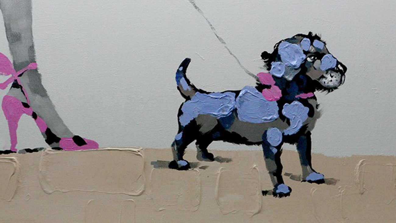 Картина на холсте 90х120 см "Девочка и собака" EVENHOME КАРТИНЫ МАСЛОМ 129823 Бежевый;фиолетовый  - Вид №3