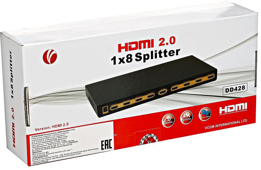 DD428 Разветвитель <> hdmi splitter (1in -> 8out, ver2.0) VCOM Santreyd  - Вид №2