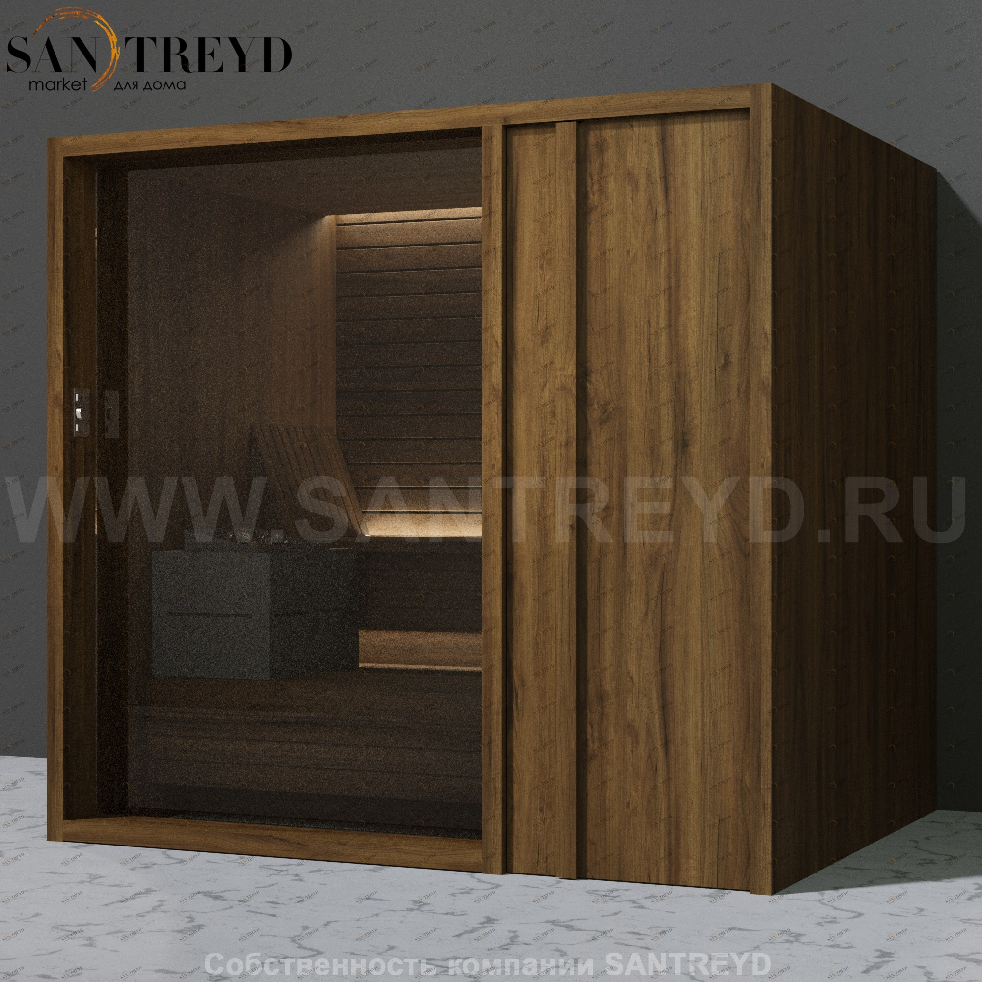 Effegibi YOKU.D105 SA.70200001 Сауна с правой дверью. Мощность: 10,5 кВт макс. Размеры: длина 230 см, ширина 200 см. Отделка: чёрный орех SA70200001