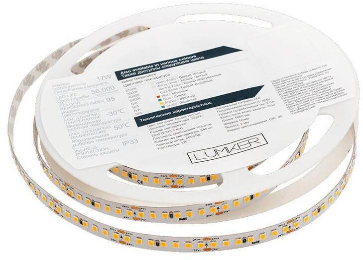 003144 Светодиодная лента 17W/m 168LED/m 2835SMD теплый белый 5M Lumker LK2H168