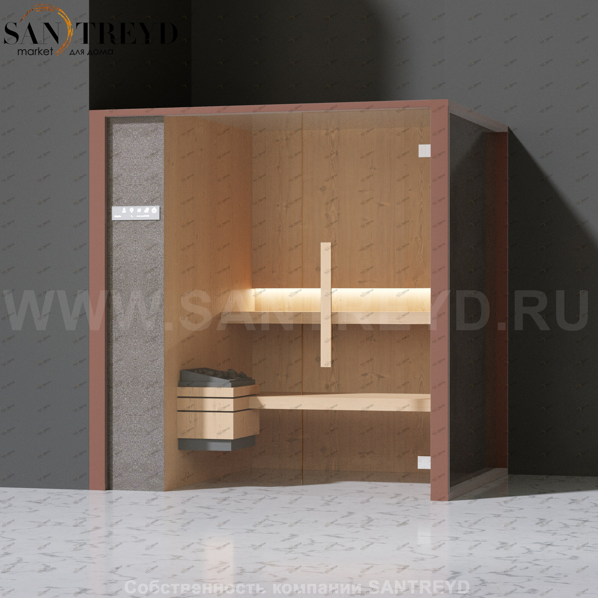 Effegibi ONEFILO S LO51030006 Сауна. Установка: в левый угол. Левая дверь. Мощность: 4,5 кВт макс. Размеры: длина 214 см, ширина 171 см. Отделка: матовый лакированный коричневый аллюминий и темный ламинат из керамогранита.