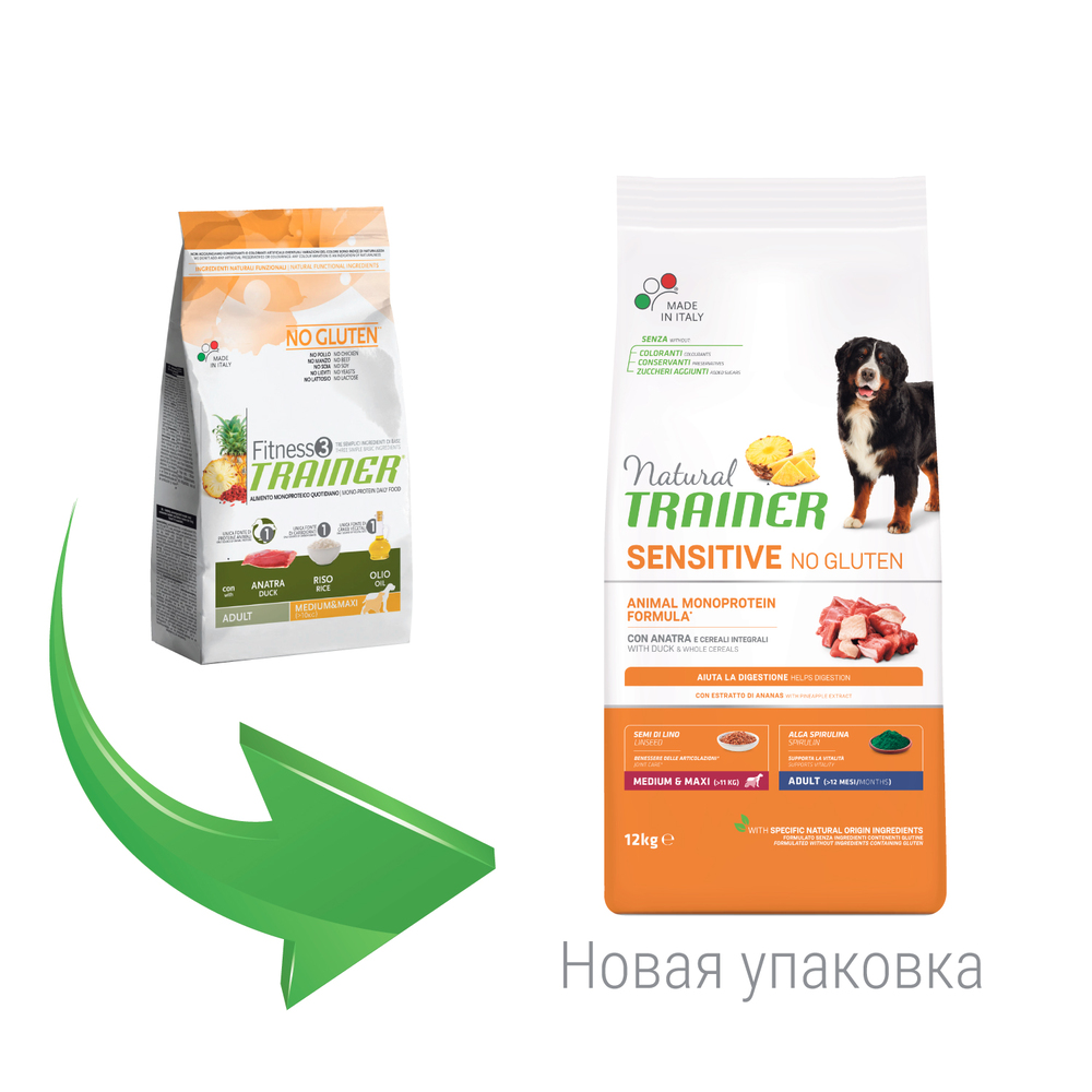 ПР0050006 Корм для собак TRAINER Nat.Sensitive без глютена для средних и крупных пород, утка сух. 12кг NATURAL TRAINER  - Вид №1