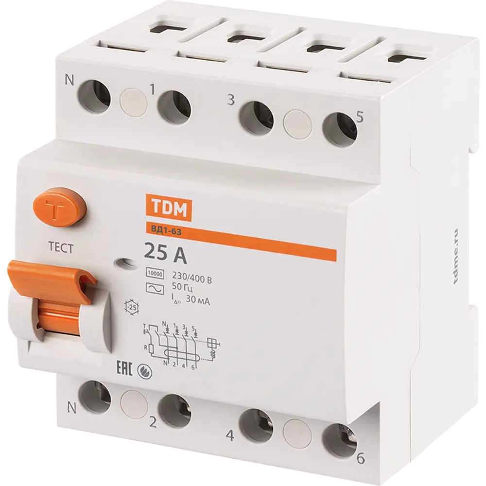 УЗО TDM Electric ВД1-63 4P 25A с защитой от утечек 30 мА 84399438 STLM-0049222