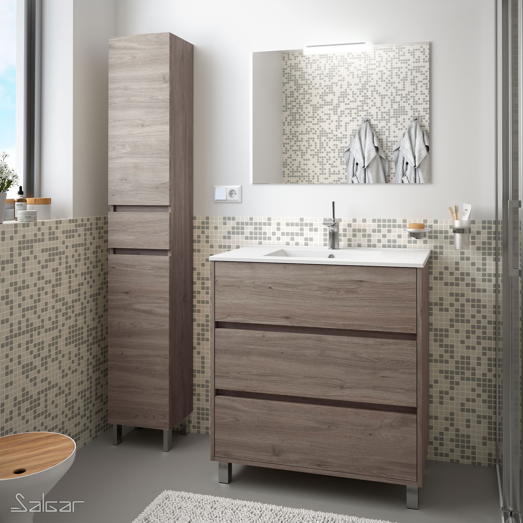 85110 SALGAR Комплект мебели для ванной ARENYS 800 ETERNITY OAK + Раковина + Зеркало + Свет Робл Вечность