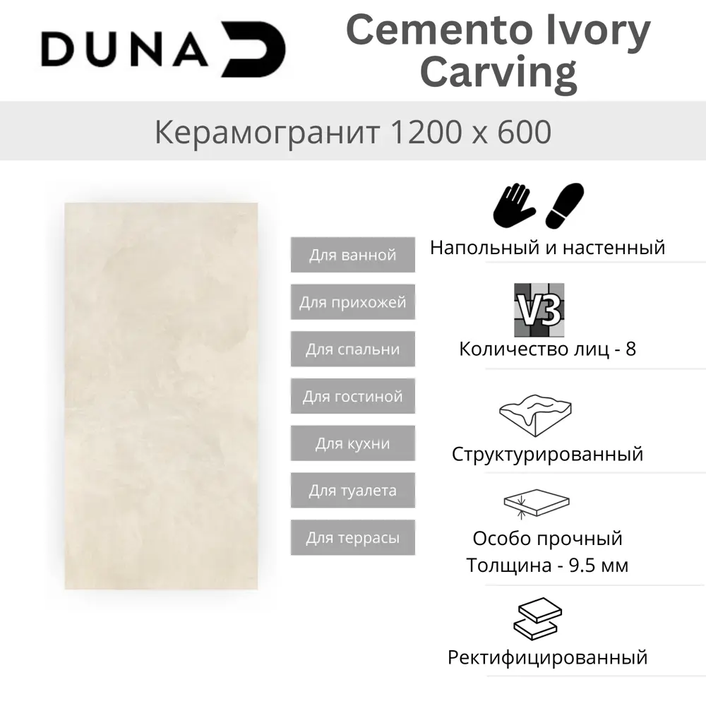 Керамогранит Duna Cemento Ivory Carving 60x120 матовый карвинг цвет бежевый 1.44 м² Santreyd STLM-2089217 - Вид №8
