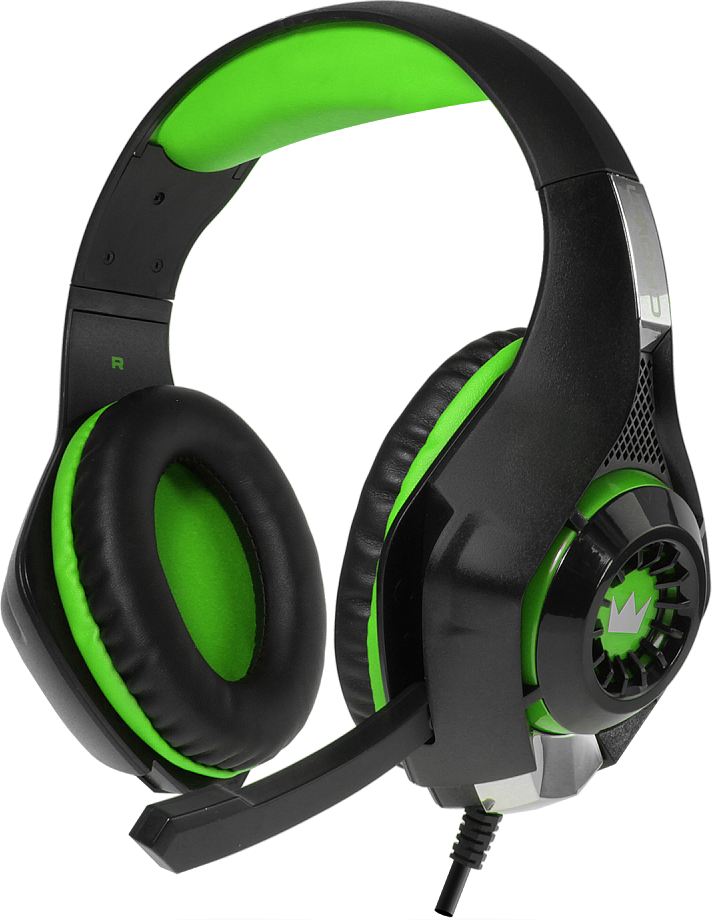 CMGH-101T Green Гарнитура игровая cmgh-101t black&green (подключение jack 3.5мм 4pin+ адаптер 2*jack spk+mic,частотный диапазон: 20гц-20,000 гц ,кабель 2.1м,размер d 250мм, регулировка громкости, микрофон на ножке) Crown Santreyd 