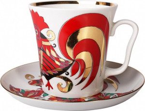 10619383 Императорский фарфоровый завод Бокал с блюдцем "Красный петух" "Ленинградский" Фарфор твердый