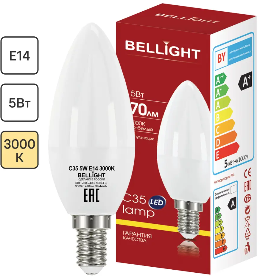 Bellight LED-лампа Е14 свеча 5Вт теплый белый свет для интерьера 84791714
