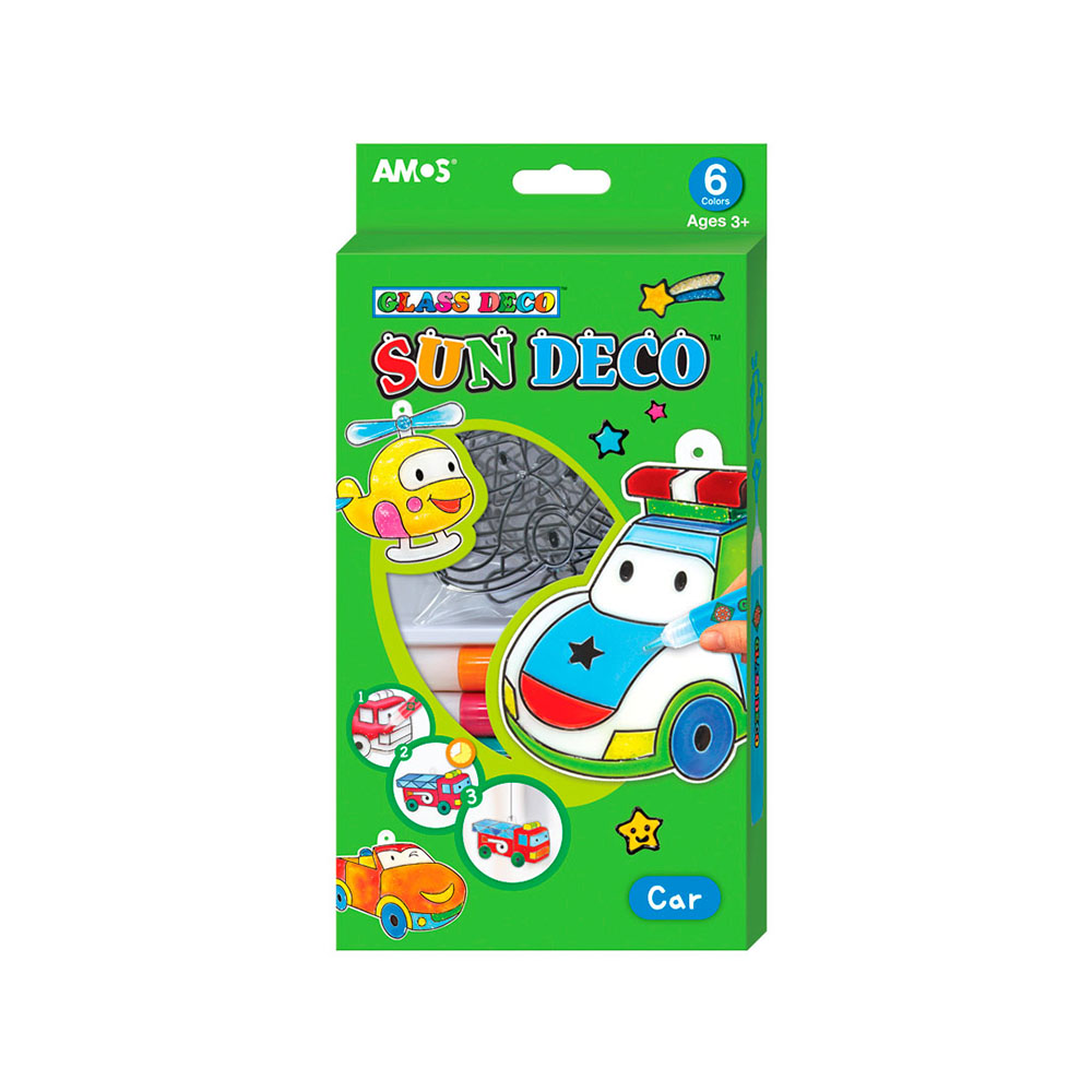 22930 Набор витражных красок с витражами "Машинки" , 6 цветов по 10,5 мл., 6 мини-витражей 12/48 AMOS 