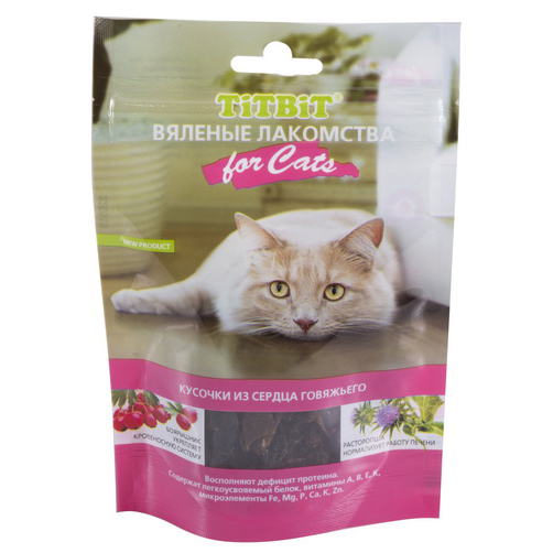 ПР0035379 Лакомство для кошек Вяленые Кусочки из говяжьего сердца 50г TITBIT 