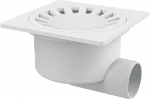 Сливной трап 150×150/50 мм боковой сток, решетка белая, гидрозатвор мокрый