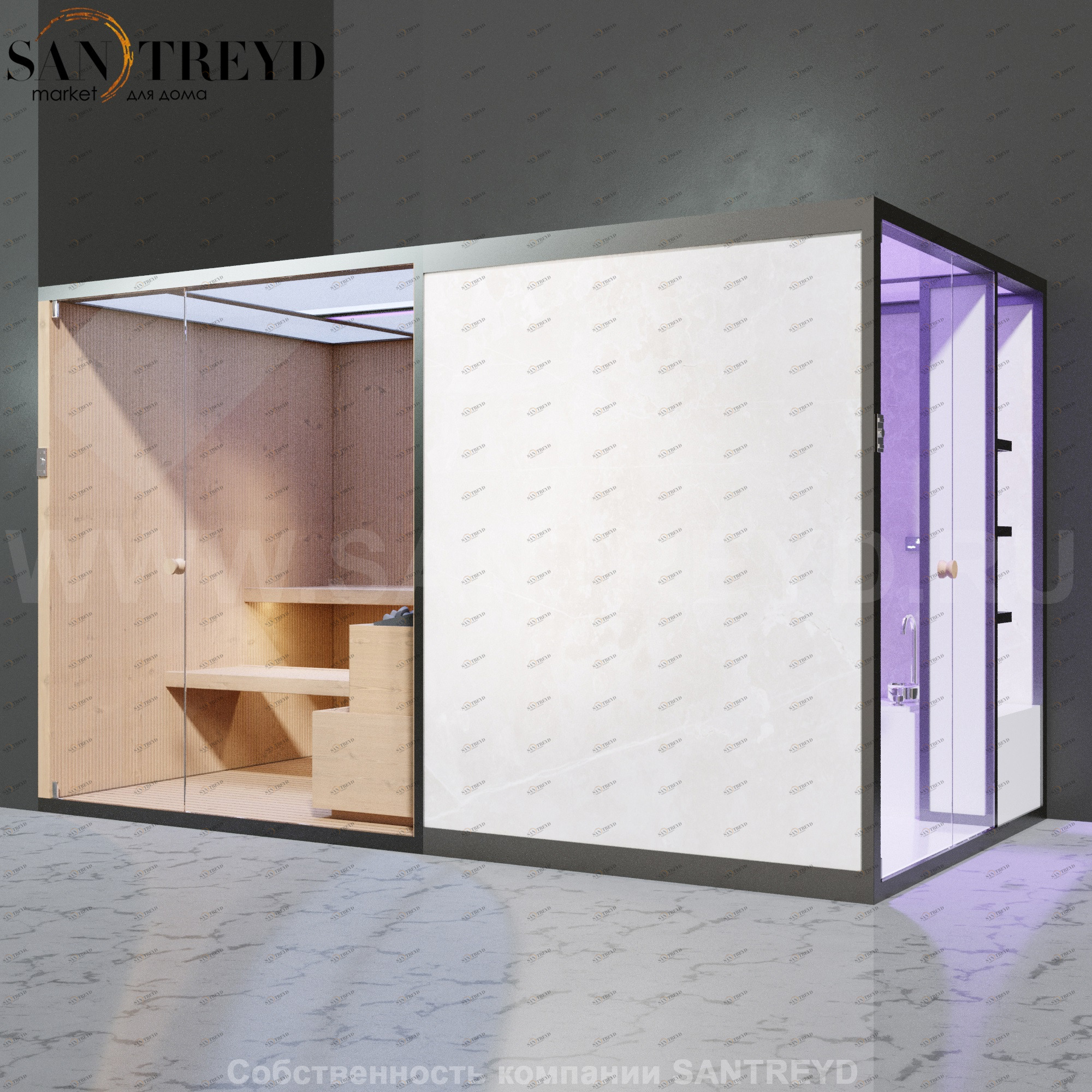 Effegibi BODYLOVE SH BL45110005 Боковая комбинированная баня: хаммам и сауна. Установка: в левый угол. Мощность: 15 кВт макс. Размеры: длина 393 см, ширина 176 см. Отделка: канадский хемлок, светлый керамогранит.