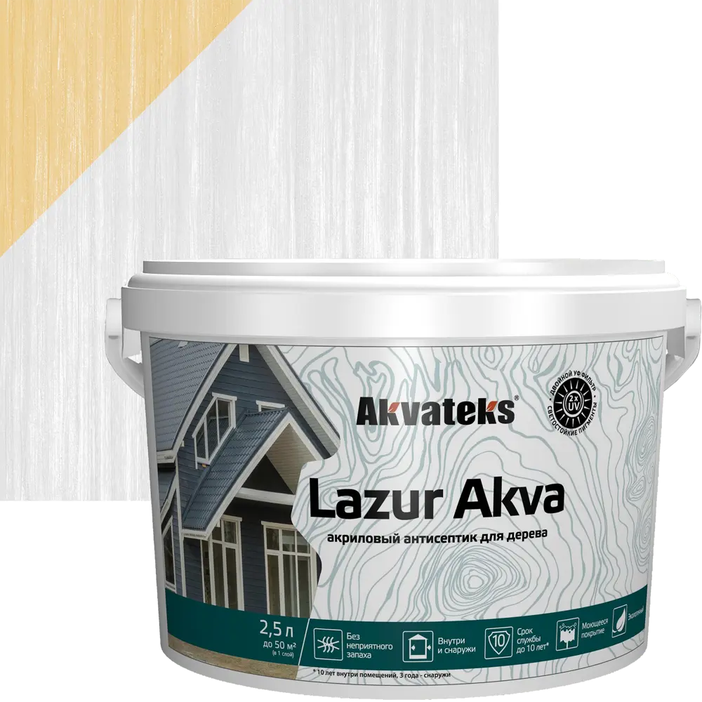 86364483 Лак-антисептик Akvateks Lazur Akva акриловый полуглянцевый белый 2.5 л STLM-0854024