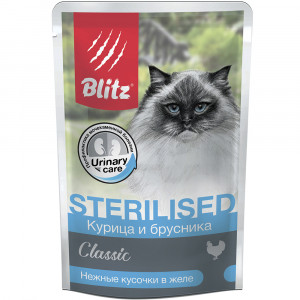 ПР0055595 Корм для кошек для стерилизованных и кастрированных,курица и брусника, кусочки в желе пауч 85г Blitz