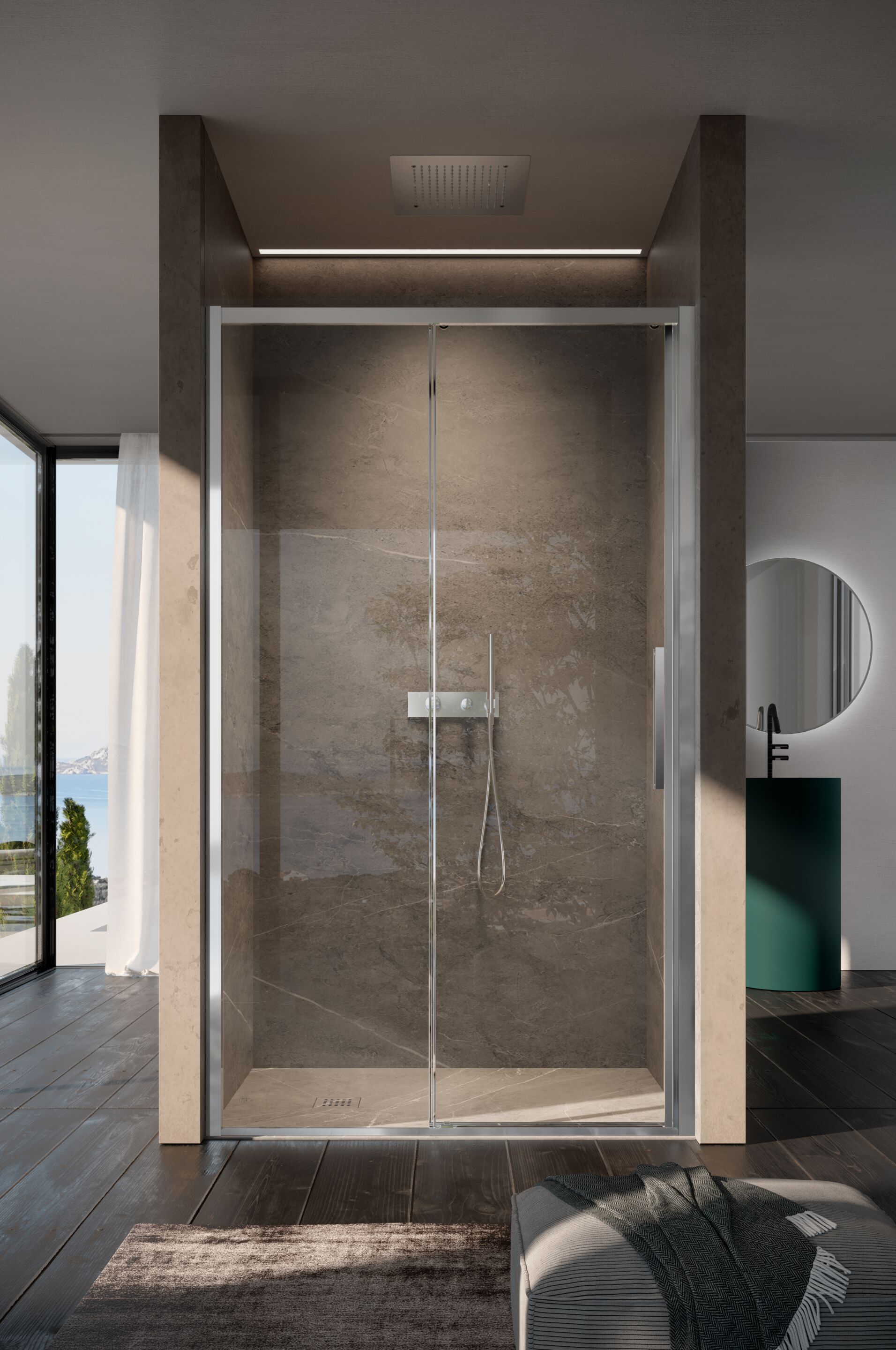 Стеклянная угловая душевая кабина с раздвижной дверью DISENIA EVO ARCH-00139283 - Вид №1