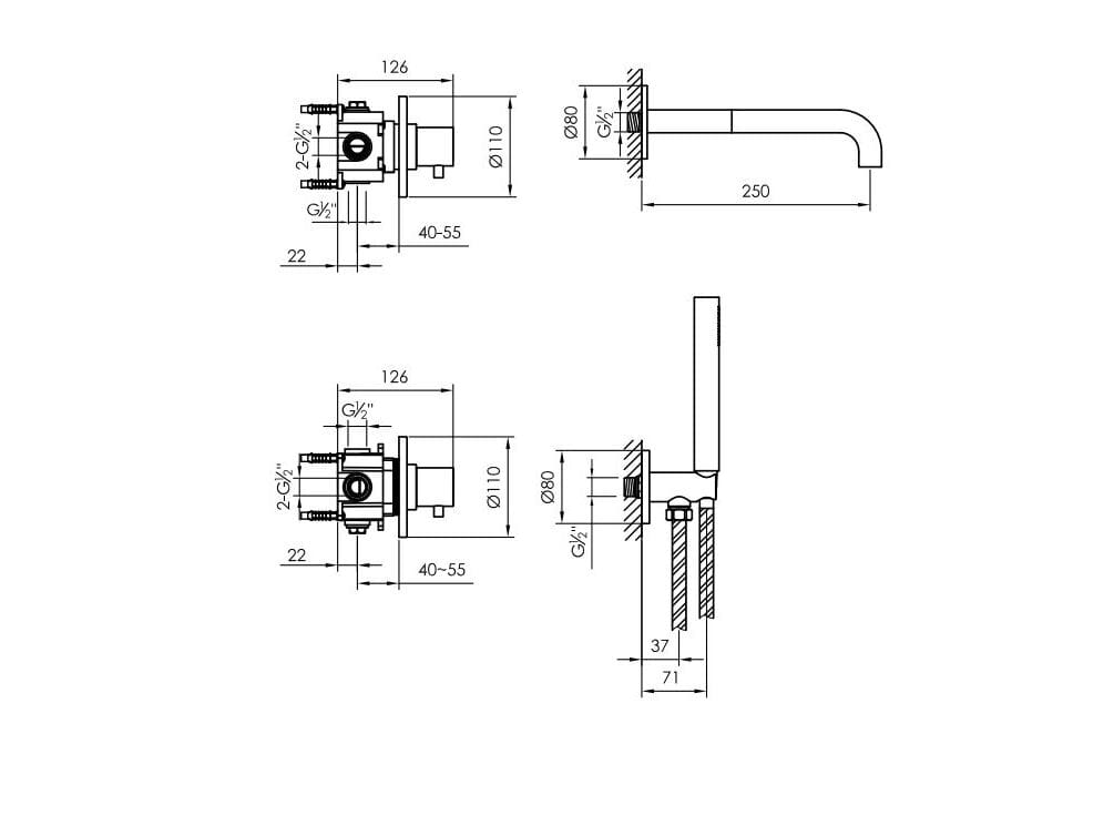 Набор настенных ванн с 4 отверстиями из нержавеющей стали с ручным душем JEE-O Slimline ARCH-00051281 - Вид №6
