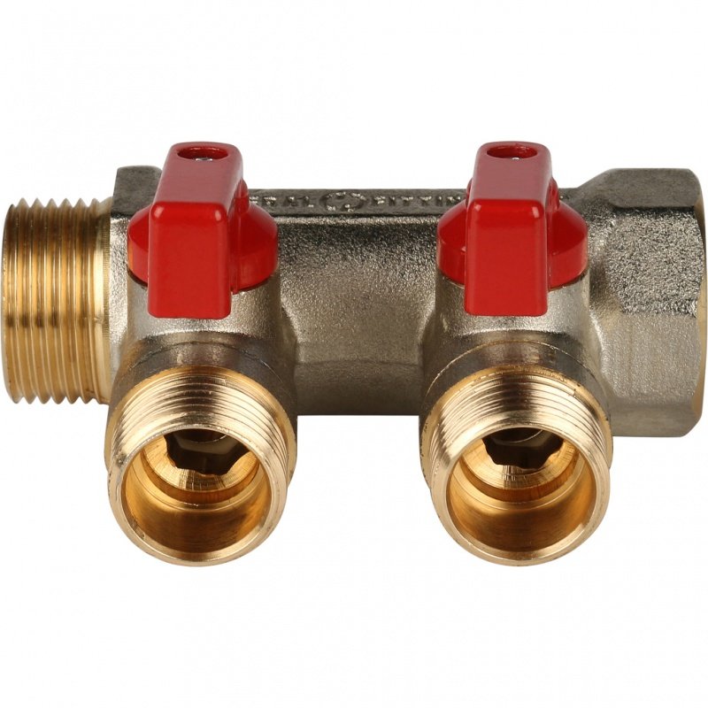 Коллектор с шаровыми кранами 3/4" STOUT 2 выхода 1/2", красные ручки SMB6200341202 - Вид №2
