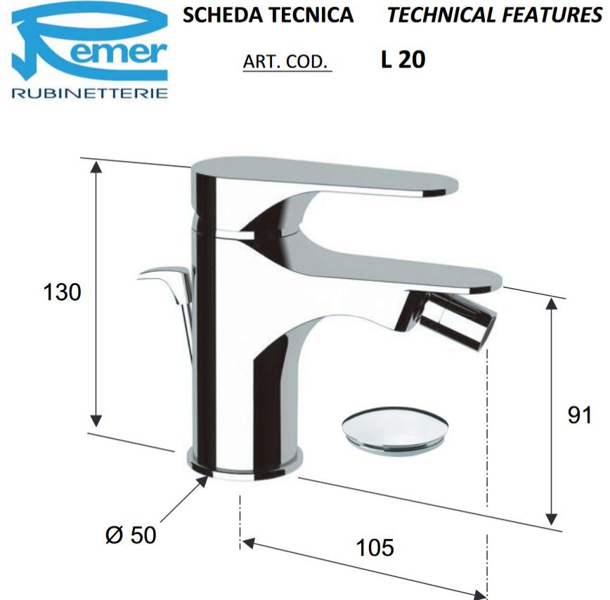 Remer Rubinetterie Смеситель для биде, однорычажный, настольный Class line L20 - Вид №2