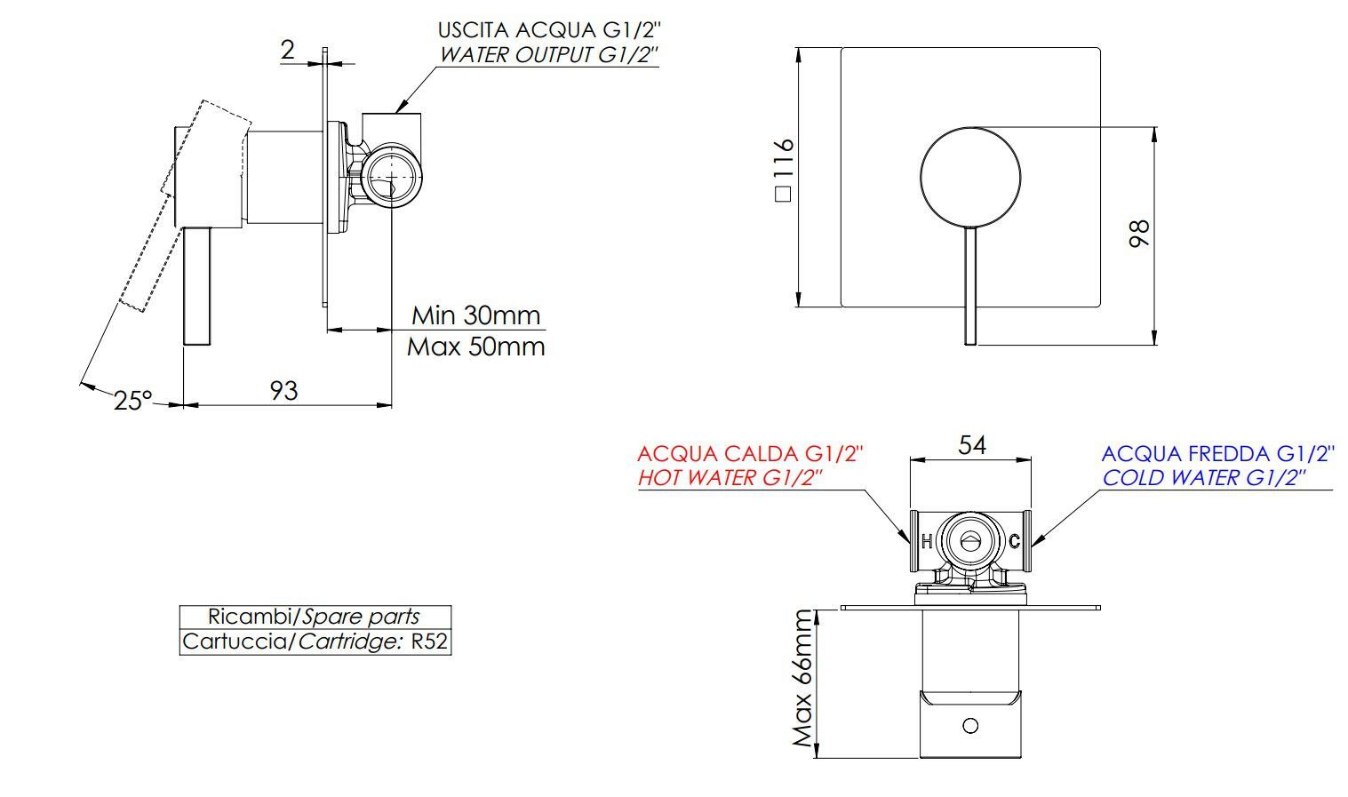 Однорычажный встраиваемый смеситель для ванны с одним отверстием Remer Rubinetterie Метрика ARCH-00022395 - Вид №2