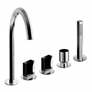 N465S  Набортный смеситель для ваннывылет 17,5 см без ручек на 5 отверстий переключатель на 2 потока с кнопкой ручная лейка VENEZIA гибкий шланг 150 см картридж керамический 90° впуски 3/4'' подводка ручки заказываются отдельно, см. раздел ''Ручки'' Fanti