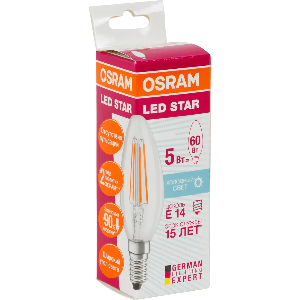 Лампа светодиодная Osram E14 220 В 5 Вт свеча 660 лм холодный белый свет 82057139 STLM-2007756  - Вид №2