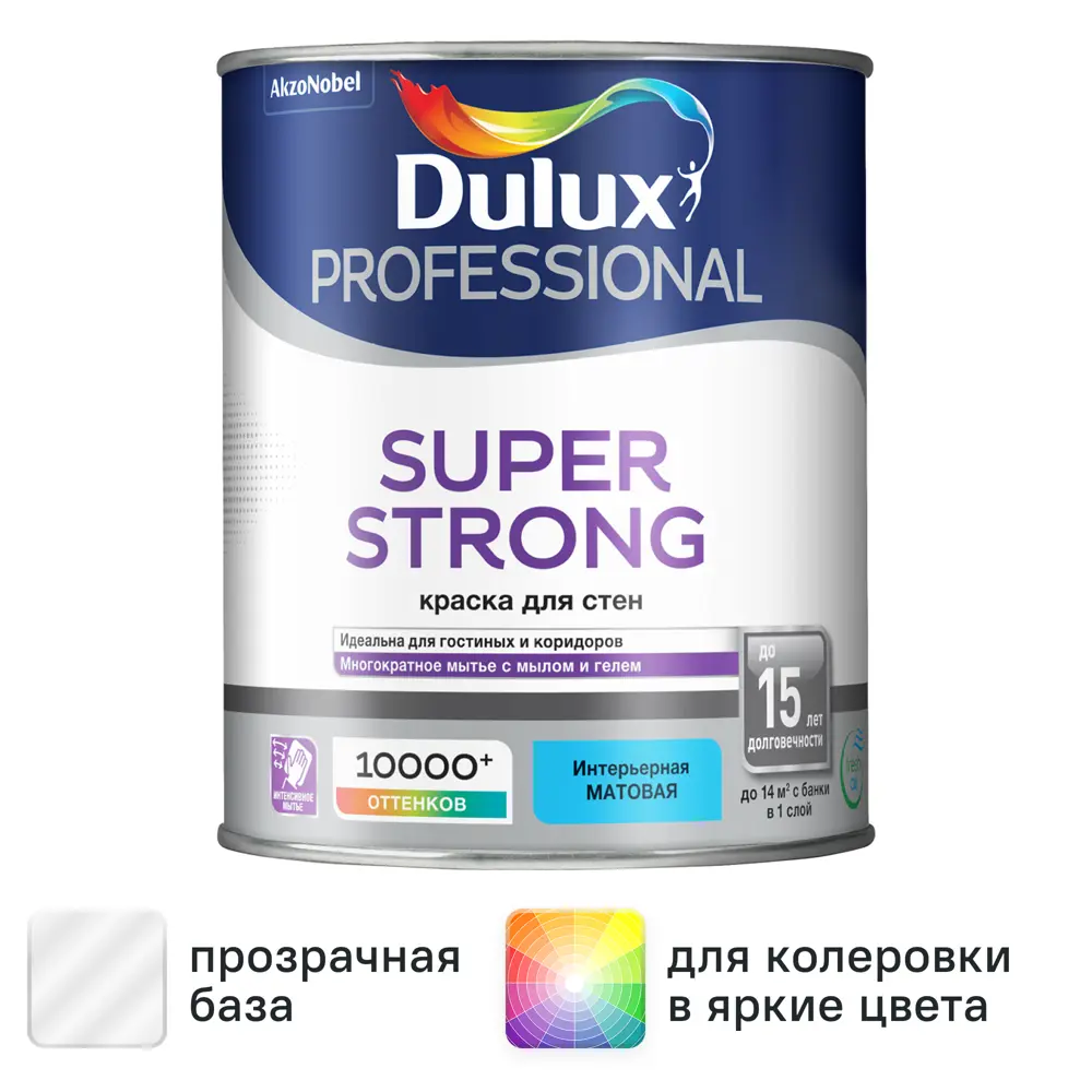 Краска для стен Dulux Super Strong моющаяся матовая прозрачная база BC 0.9 л STLM-2030305