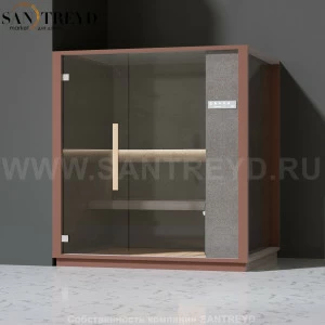 Effegibi ONE H LO60030005 Хаммам. Установка: в левый угол. Правая дверь. Мощность: 4,5 кВт макс. Размеры: длина 214 см, ширина 171 см. Отделка: матовый лакированный коричневый аллюминий и темный ламинат из керамогранита.