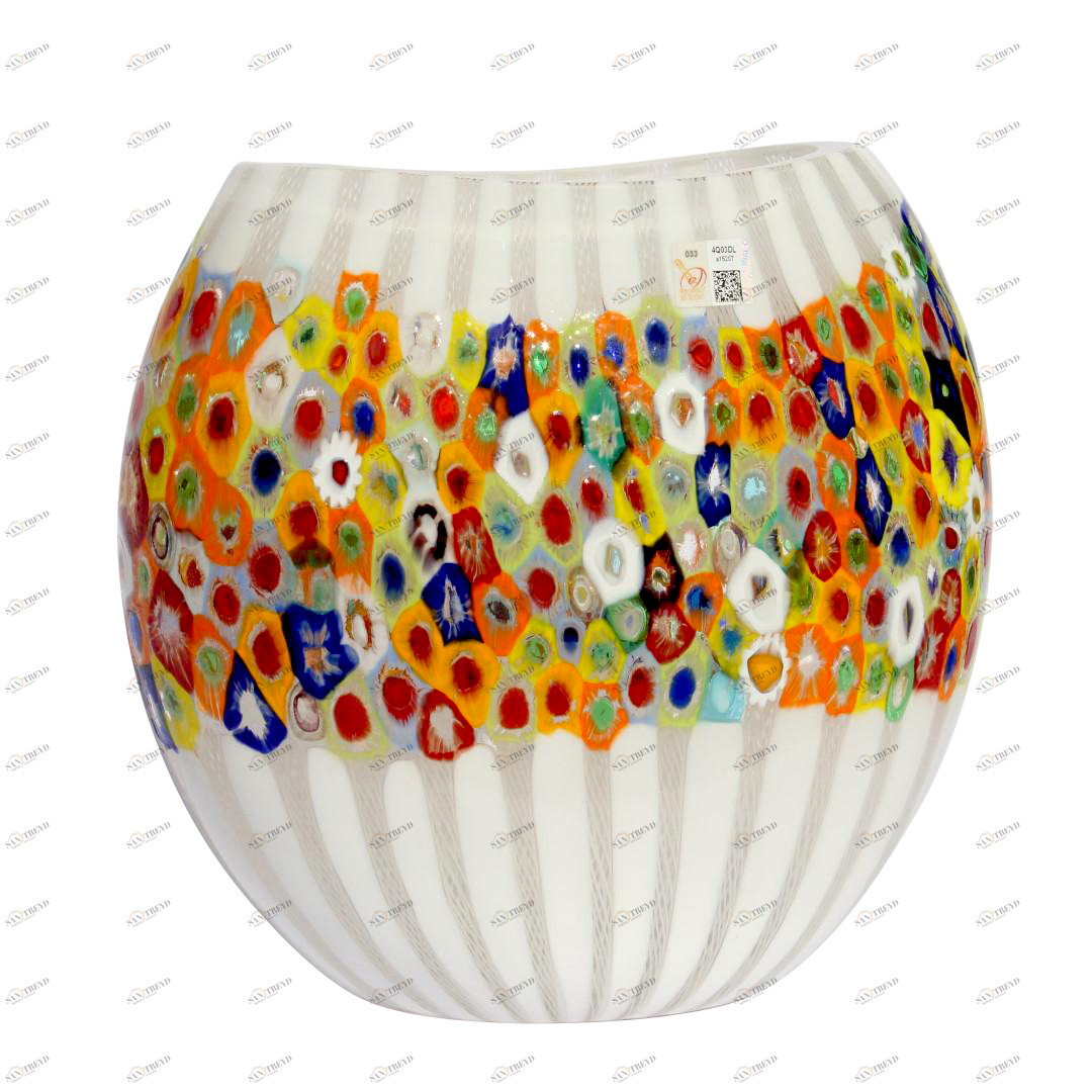 2380 ORIGINALMURANOGLASS Белая ваза с разноцветными мурринами миллефиори из муранского стекла 26 см 