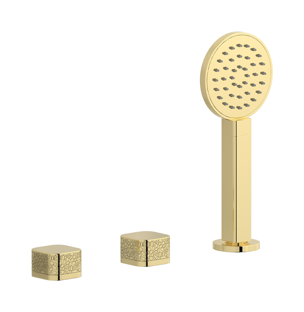 Смеситель на бортик ванной на 3 отверстия с изливом, дивертером и душевым гарнитуром. WE ARE IB eo397ii_2 Pale Gold Elio